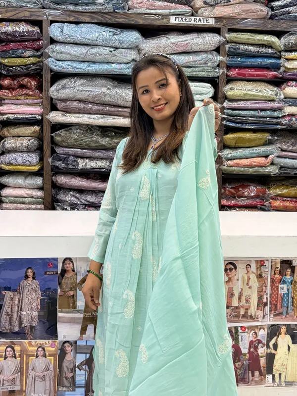 Mint_Green_Mul_Chanderi_Printed_Kurta_Set_For_Women