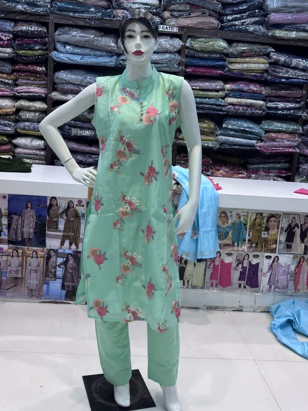 Mint_Green_Chanderi_Floral_Print_Straight_Kurta_Set_For_Women