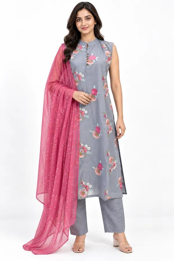 Grey_Chanderi_Floral_Butta_Embroidered_Kurta_Set_for_Women_–_Sleeveless_(Sleeves_Included)