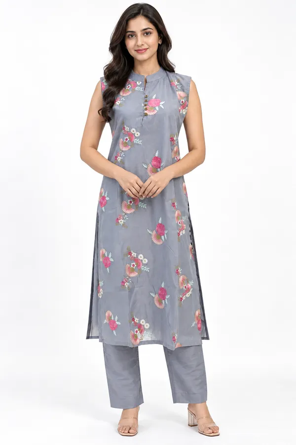 Grey_Chanderi_Floral_Butta_Embroidered_Kurta_Set_for_Women_–_Sleeveless_(Sleeves_Included)