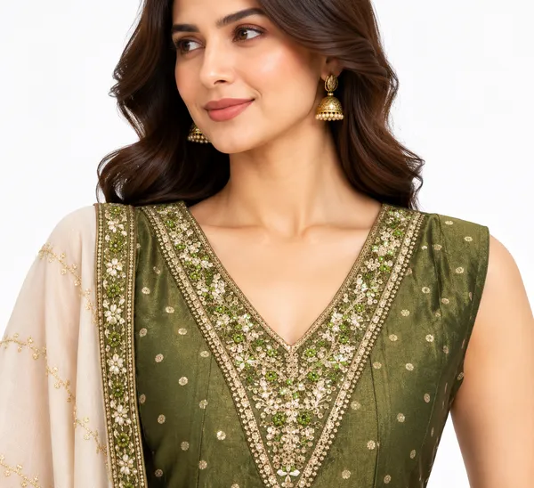 Olive_Shimmer_Straight_Embellished_Anarkali_Set_For_Women_-_(Sleeves_Included)
