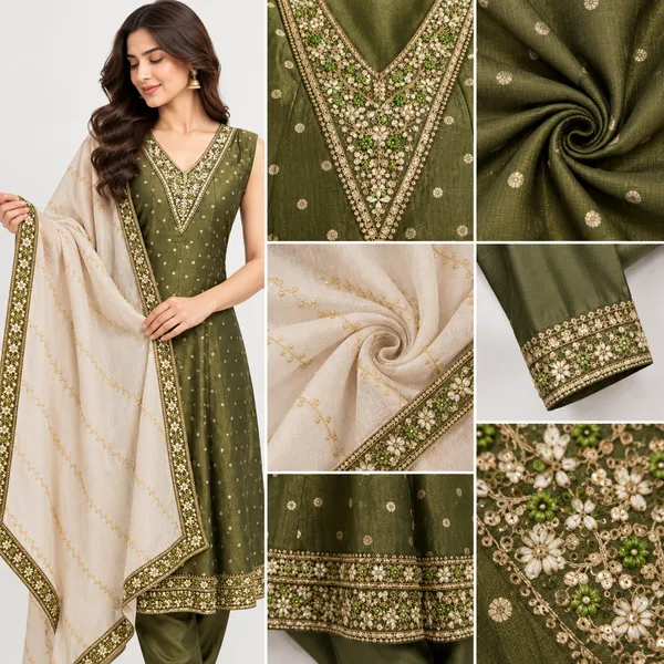 Olive_Shimmer_Straight_Embellished_Anarkali_Set_For_Women_-_(Sleeves_Included)