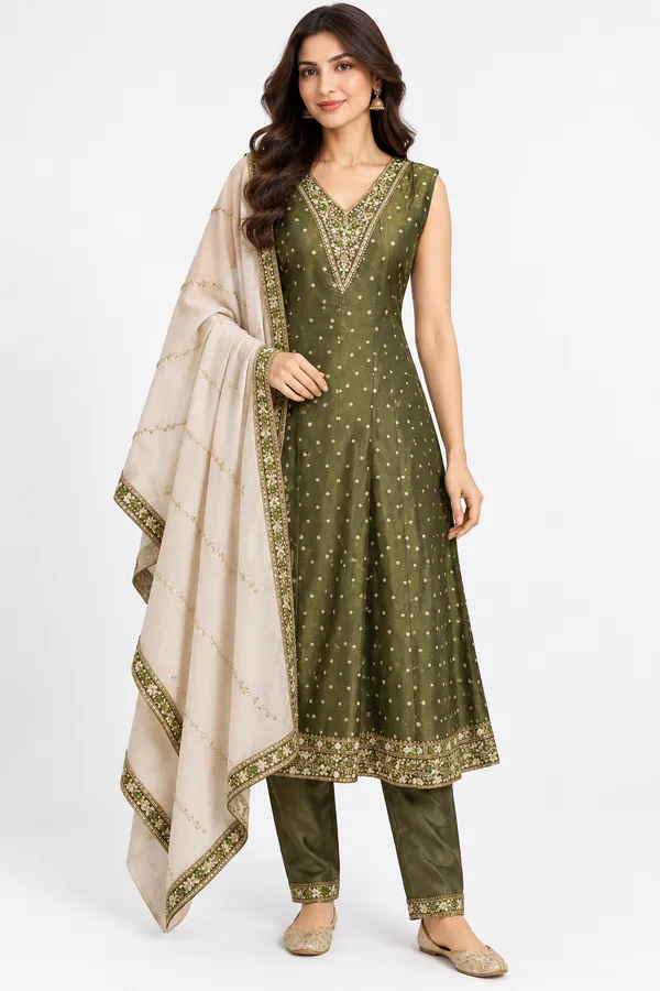Olive_Shimmer_Straight_Embellished_Anarkali_Set_For_Women_-_(Sleeves_Included)