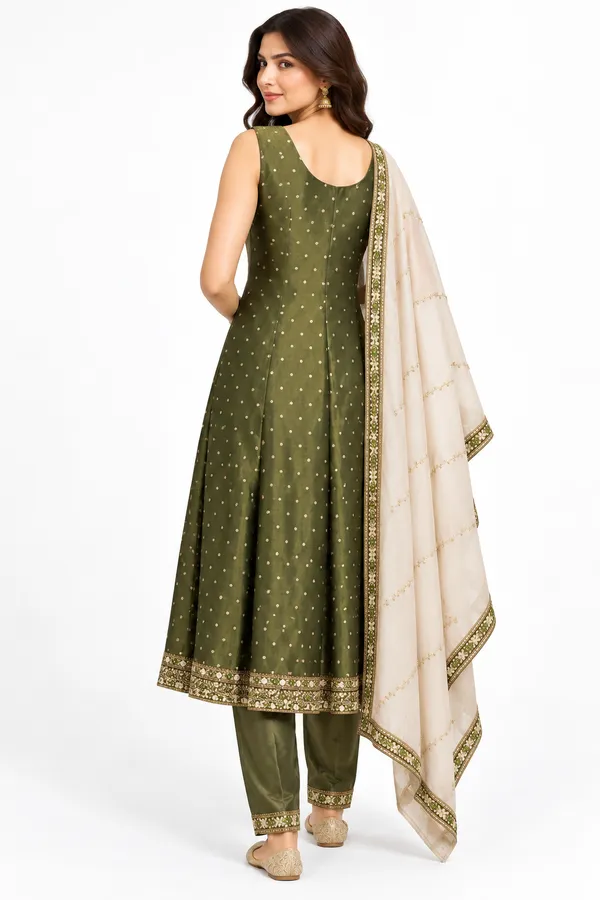 Olive_Shimmer_Straight_Embellished_Anarkali_Set_For_Women_-_(Sleeves_Included)