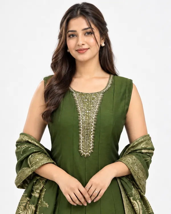 Green_Vichitra_Silk_Embroidered_Anarkali_Suit_Set_For_Women_-_(Sleeves_Included)