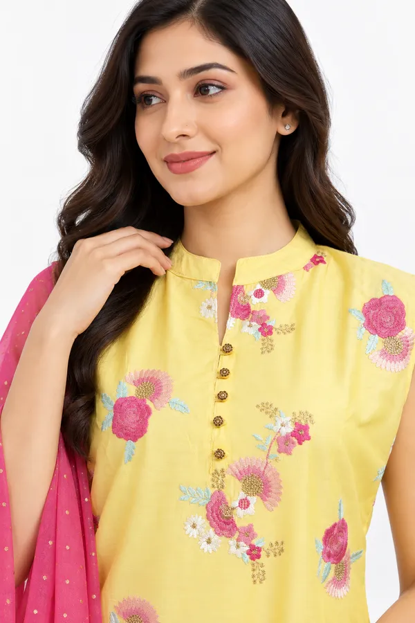 Yellow_Chanderi_Floral_Butta_Embroidered_Kurta_Set_for_Women_–_Sleeveless_(Sleeves_Included)
