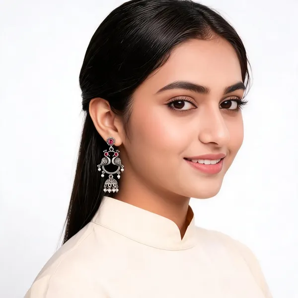 Silver_Alloy_Metal_Oxidised_Peacock_Jhumka_Earrings_For_Women_-_Pack_of_2
