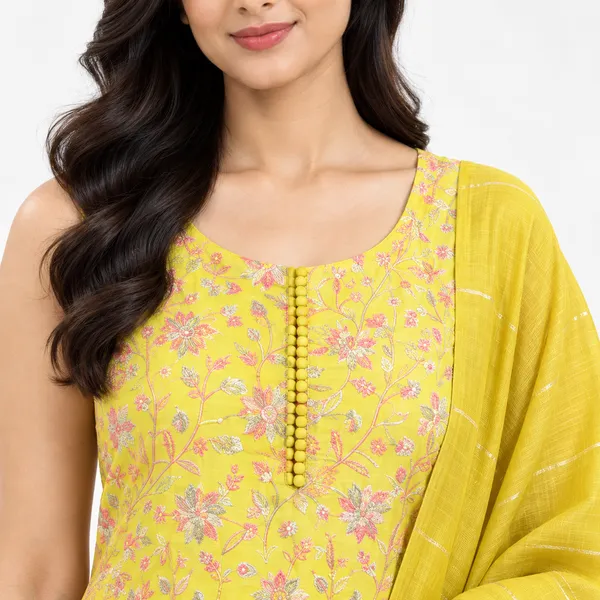 Yellow_Chanderi_Sleeveless_Floral_Embroidered_Kurta_Pant_Set_with_Dupatta_for_Women_-_(Sleeves_Included)