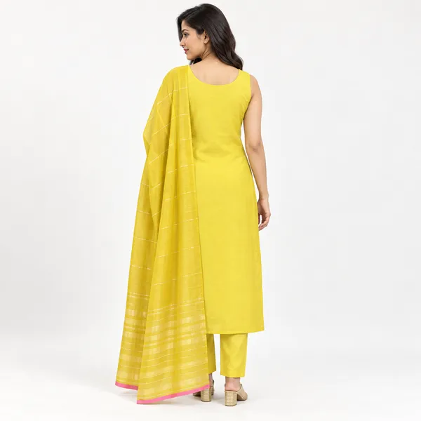 Yellow_Chanderi_Sleeveless_Floral_Embroidered_Kurta_Pant_Set_with_Dupatta_for_Women_-_(Sleeves_Included)