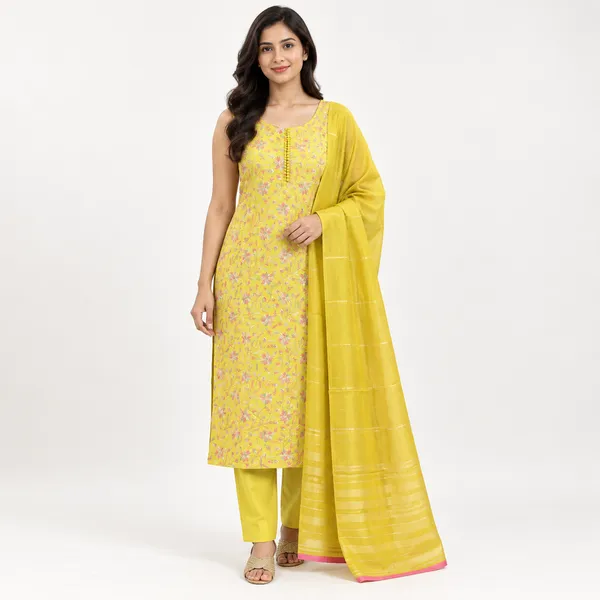 Yellow_Chanderi_Sleeveless_Floral_Embroidered_Kurta_Pant_Set_with_Dupatta_for_Women_-_(Sleeves_Included)