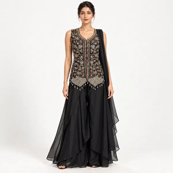 Black_Raw_Silk_Sleeveless_Embellished_Ethnic_Set_For_Women