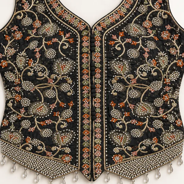 Black_Raw_Silk_Sleeveless_Embellished_Ethnic_Set_For_Women