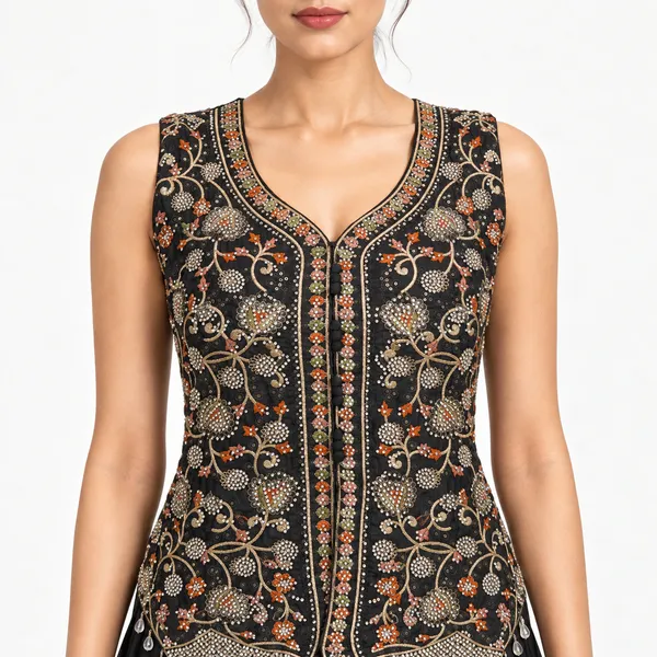 Black_Raw_Silk_Sleeveless_Embellished_Ethnic_Set_For_Women