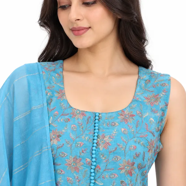 Blue_Chanderi_Sleeveless_Floral_Embroidered_Kurta_Pant_Set_with_Dupatta_for_Women_-_(Sleeves_Included)
