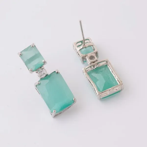 American_Diamond_Rhodium_Plated_Box_Shape_Earrings_With_Hydro_Cz_Stone_Sea_Green