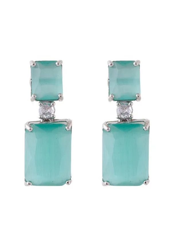 American_Diamond_Rhodium_Plated_Box_Shape_Earrings_With_Hydro_Cz_Stone_Sea_Green