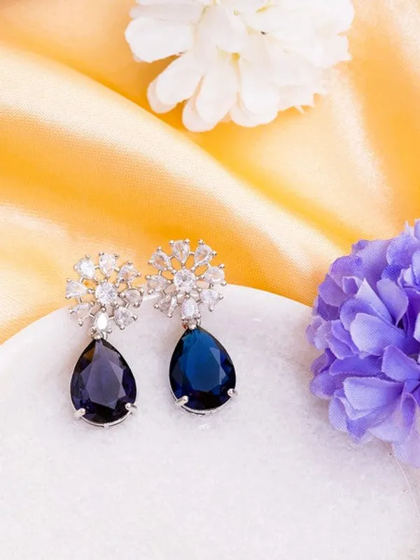 American_Diamond_Rhodium_Plated_Multi_Stone_Cluster_Earrings_With_Hydro_Cz_Stone_Blue