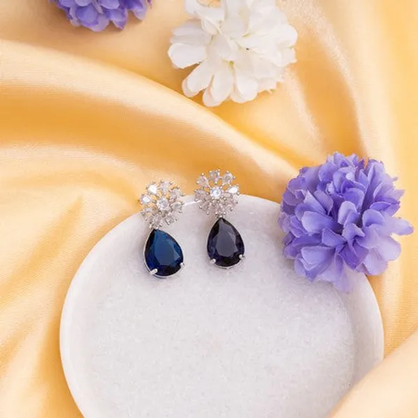 American_Diamond_Rhodium_Plated_Multi_Stone_Cluster_Earrings_With_Hydro_Cz_Stone_Blue