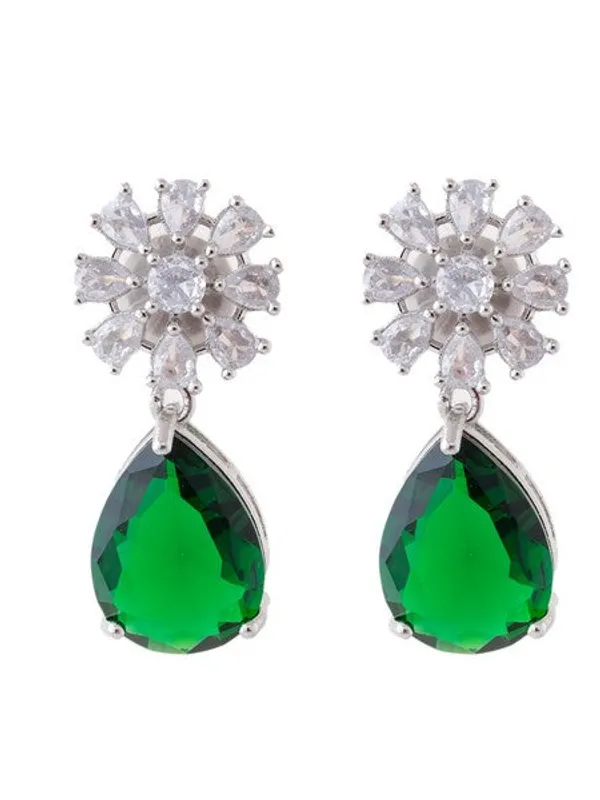 American_Diamond_Rhodium_Plated_Multi_Stone_Cluster_Earrings_With_Hydro_Cz_Stone_Green