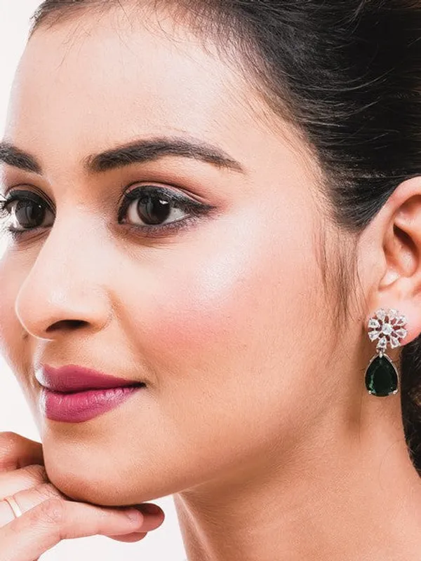 American_Diamond_Rhodium_Plated_Multi_Stone_Cluster_Earrings_With_Hydro_Cz_Stone_Green