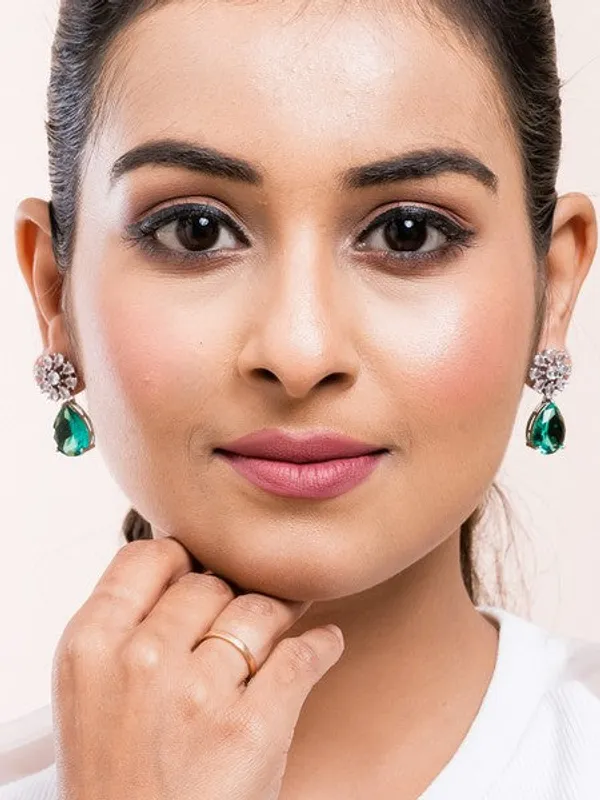 American_Diamond_Rhodium_Plated_Multi_Stone_Cluster_Earrings_With_Hydro_Cz_Stone_Green