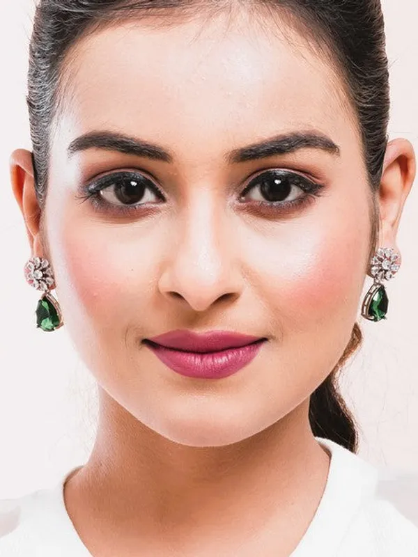 American_Diamond_Rhodium_Plated_Multi_Stone_Cluster_Earrings_With_Hydro_Cz_Stone_Green