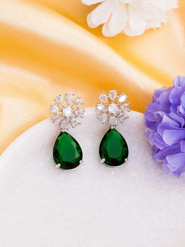 American_Diamond_Rhodium_Plated_Multi_Stone_Cluster_Earrings_With_Hydro_Cz_Stone_Green