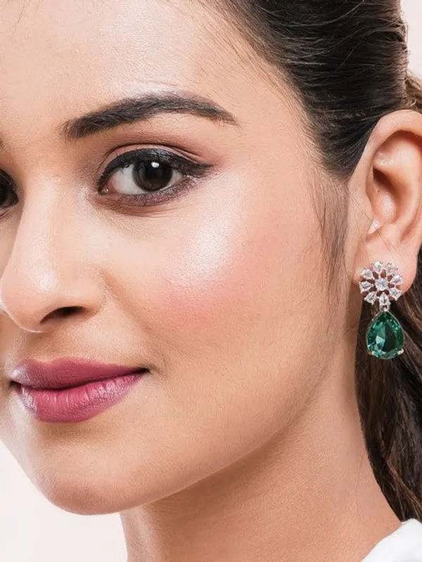 American_Diamond_Rhodium_Plated_Multi_Stone_Cluster_Earrings_With_Hydro_Cz_Stone_Green