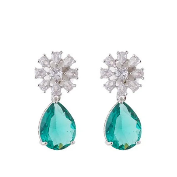 American_Diamond_Rhodium_Plated_Multi_Stone_Cluster_Earrings_With_Hydro_Cz_Stone_Sea_Green