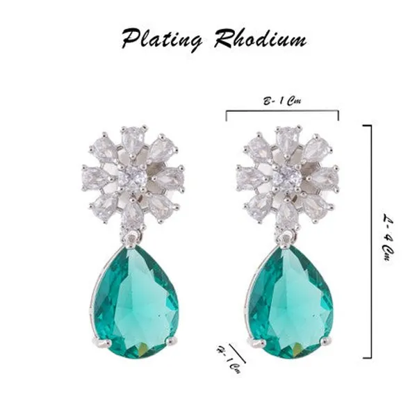 American_Diamond_Rhodium_Plated_Multi_Stone_Cluster_Earrings_With_Hydro_Cz_Stone_Sea_Green
