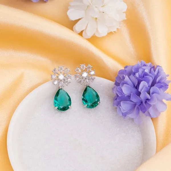 American_Diamond_Rhodium_Plated_Multi_Stone_Cluster_Earrings_With_Hydro_Cz_Stone_Sea_Green