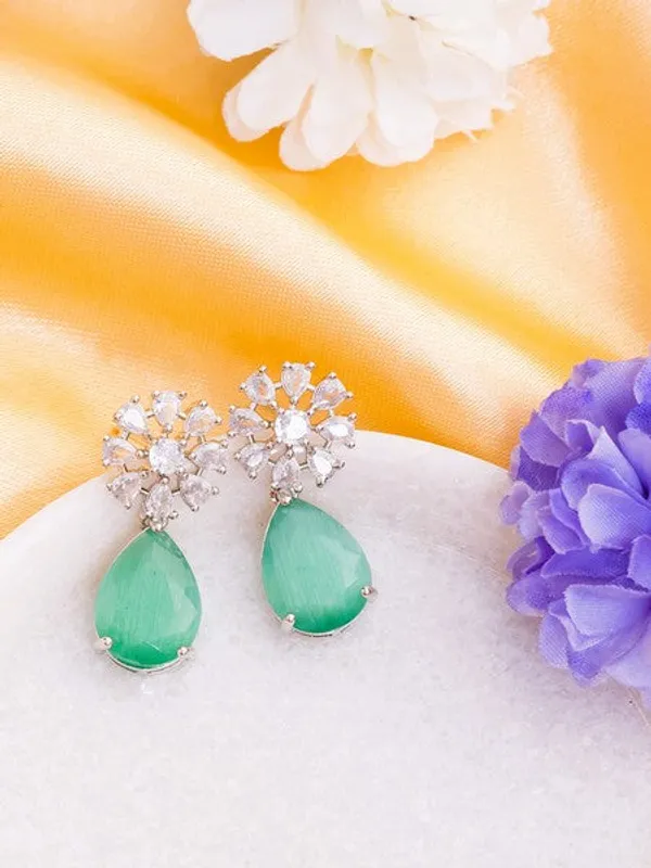 American_Diamond_Rhodium_Plated_Multi_Stone_Cluster_Earrings_With_Hydro_Cz_Stone_Cyan