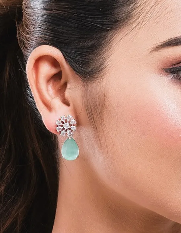 American_Diamond_Rhodium_Plated_Multi_Stone_Cluster_Earrings_With_Hydro_Cz_Stone_Cyan