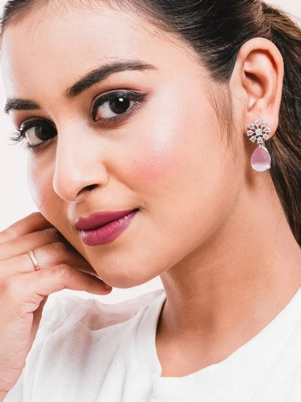 American_Diamond_Rhodium_Plated_Multi_Stone_Cluster_Earrings_With_Hydro_Cz_Stone_Pink
