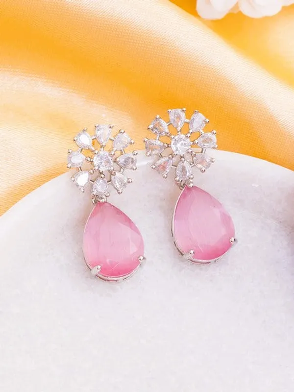 American_Diamond_Rhodium_Plated_Multi_Stone_Cluster_Earrings_With_Hydro_Cz_Stone_Pink
