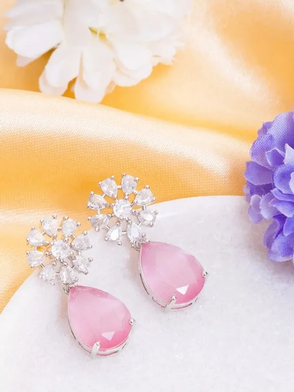 American_Diamond_Rhodium_Plated_Multi_Stone_Cluster_Earrings_With_Hydro_Cz_Stone_Pink