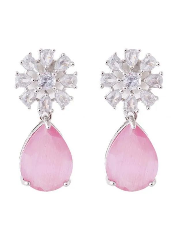 American_Diamond_Rhodium_Plated_Multi_Stone_Cluster_Earrings_With_Hydro_Cz_Stone_Pink