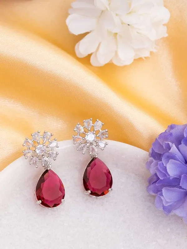 American_Diamond_Rhodium_Plated_Multi_Stone_Cluster_Earrings_With_Hydro_Cz_Stone_Red
