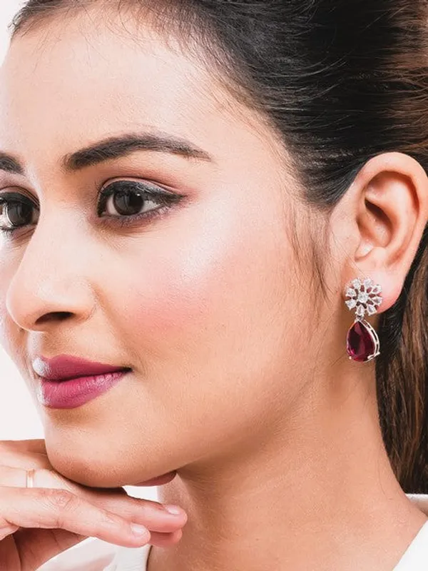 American_Diamond_Rhodium_Plated_Multi_Stone_Cluster_Earrings_With_Hydro_Cz_Stone_Red