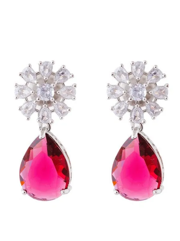 American_Diamond_Rhodium_Plated_Multi_Stone_Cluster_Earrings_With_Hydro_Cz_Stone_Red