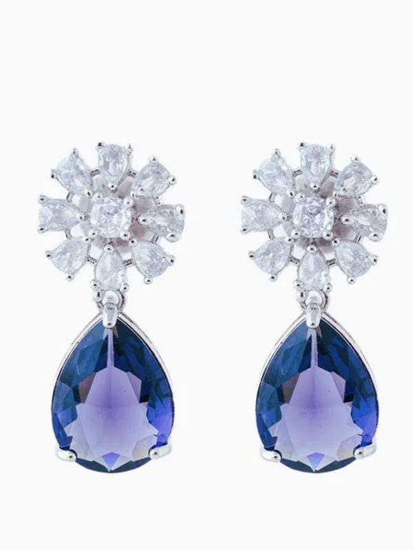 American_Diamond_Rhodium_Plated_Multi_Stone_Cluster_Earrings_With_Hydro_Cz_Stone_Purple