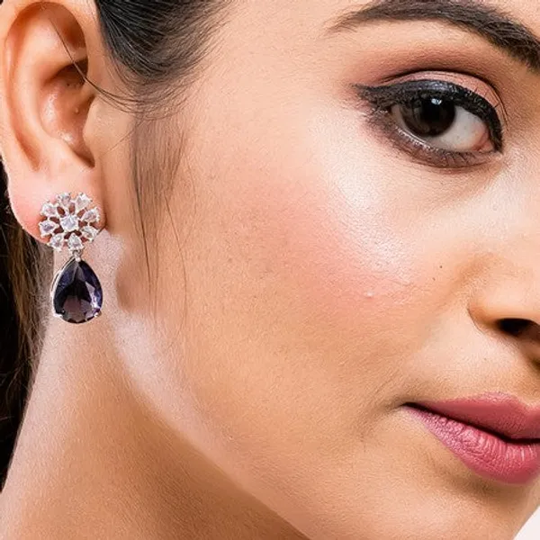 American_Diamond_Rhodium_Plated_Multi_Stone_Cluster_Earrings_With_Hydro_Cz_Stone_Purple