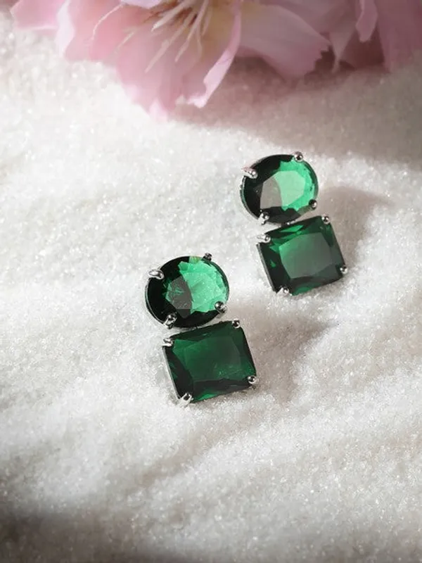 American_Diamond_Rhodium_Plated_Princess_Cut_Earrings_With_Hydro_Cz_Stone_Earrings_With_Hydro_Cz_Stone_Green