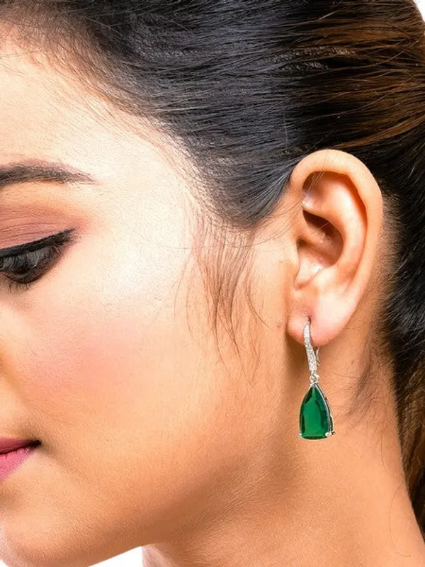 American_Diamond_Rhodium_Plated_Pear_Shaped_Earrings_With_Hydro_Cz_Stone_Green