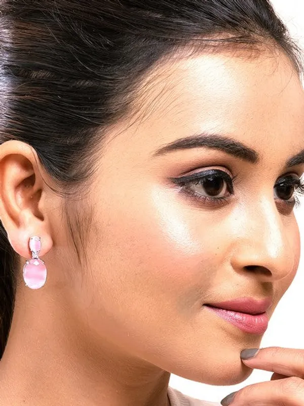 American_Diamond_Rhodium_Plated_Oval_Shaped_Earrings_With_Hydro_Cz_Stone_Pink