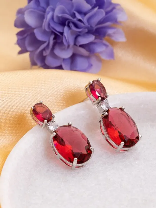 American_Diamond_Rhodium_Plated_Oval_Shaped_Earrings_With_Hydro_Cz_Stone_Red