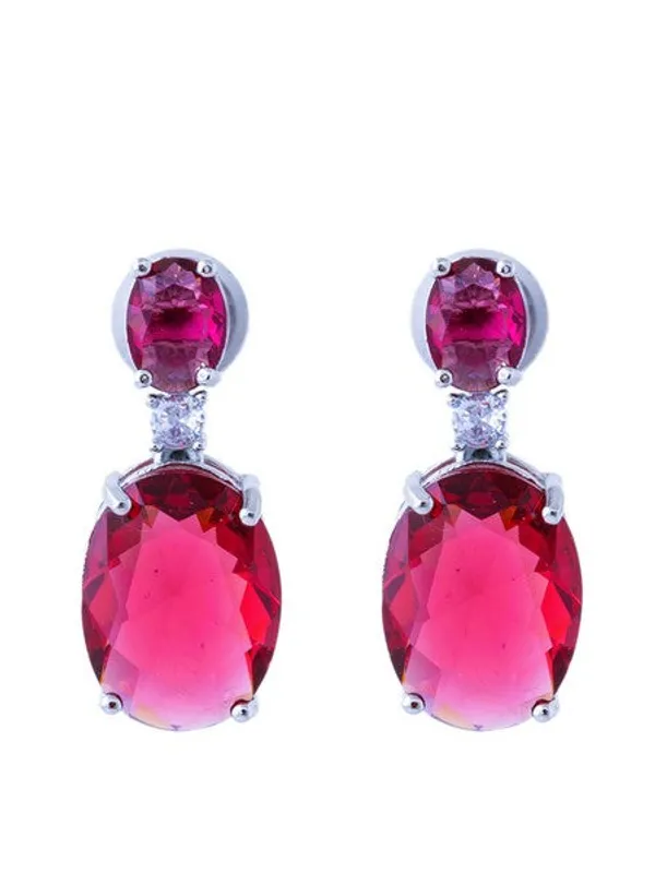 American_Diamond_Rhodium_Plated_Oval_Shaped_Earrings_With_Hydro_Cz_Stone_Red