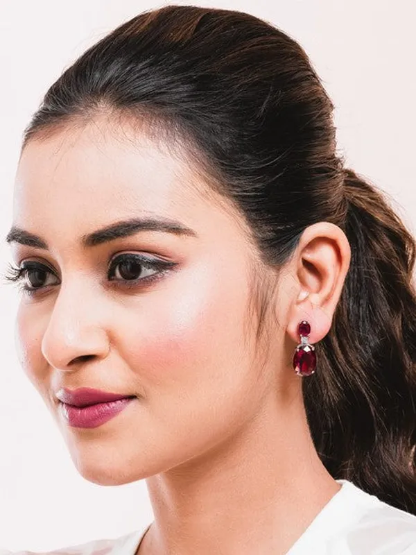 American_Diamond_Rhodium_Plated_Oval_Shaped_Earrings_With_Hydro_Cz_Stone_Red