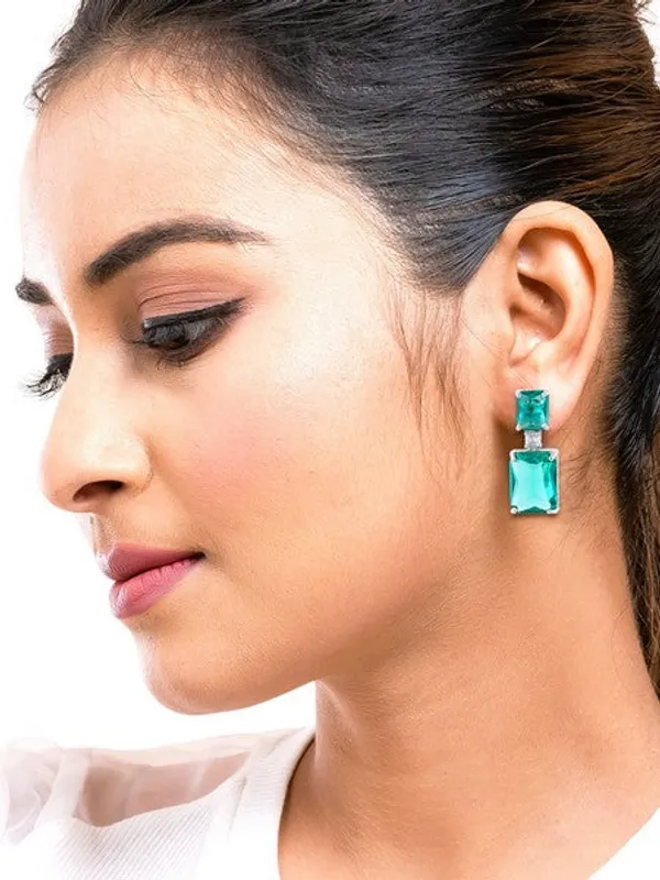 American_Diamond_Rhodium_Plated_Box_Shape_Earrings_With_Hydro_Cz_Stone_Cyan