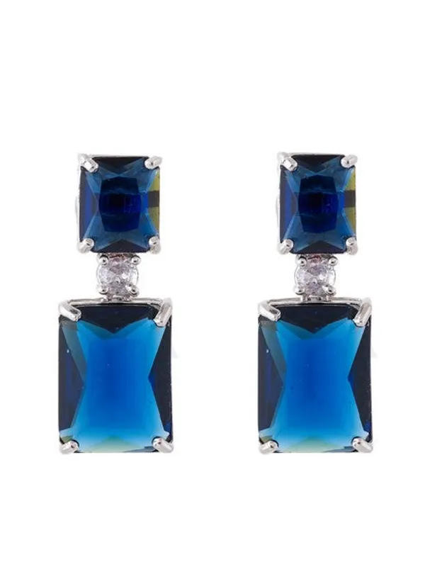 American_Diamond_Rhodium_Plated_Box_Shape_Earrings_With_Hydro_Cz_Stone_Blue